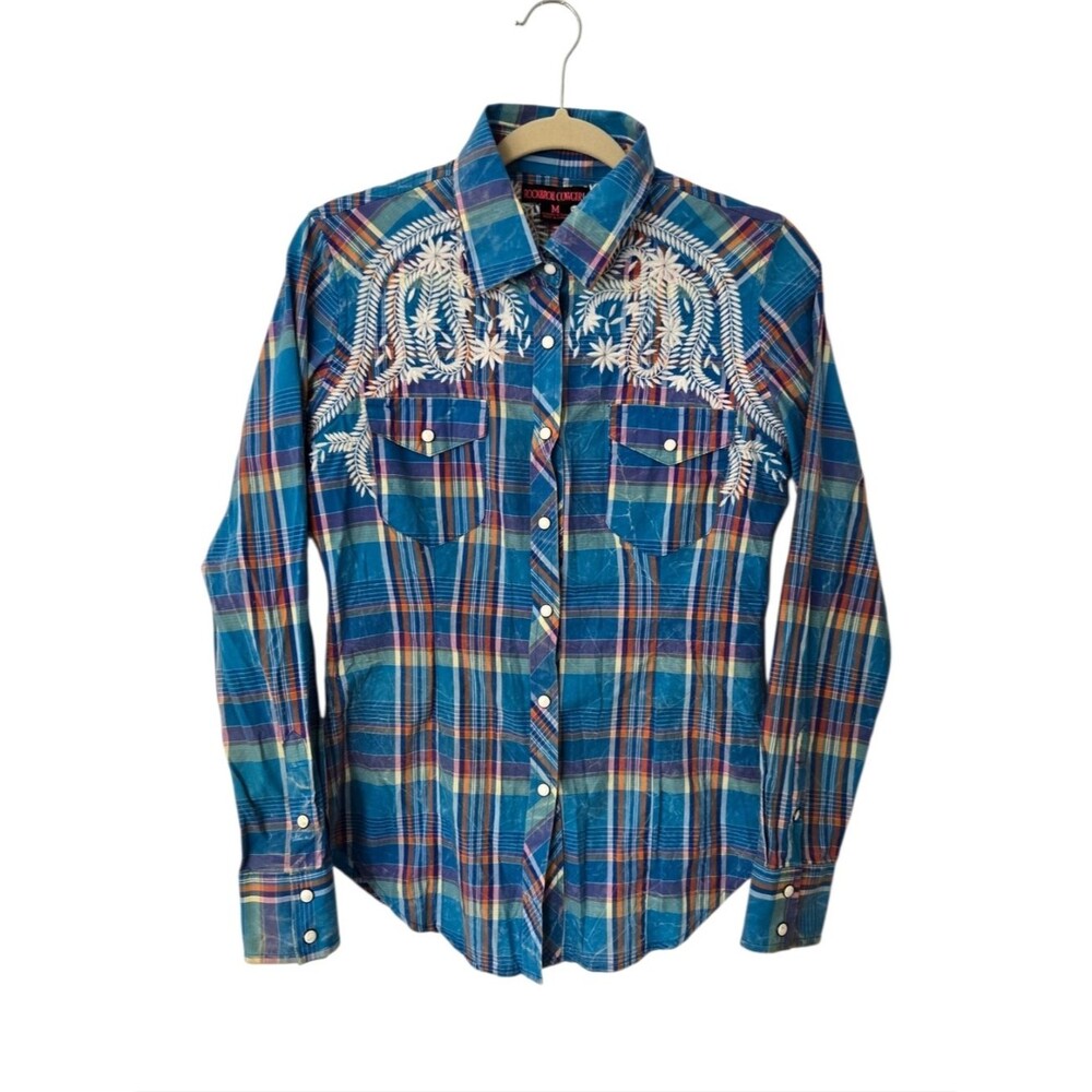 Western cowgirl snap button shirt multi-color embroidered Rodeo Western-wear M